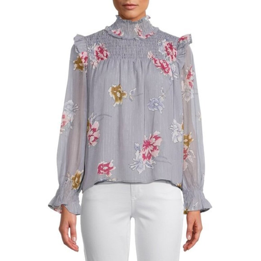 Floral Ruffled Poet Blouse High Neck Smocked Long Sleeves Sz L NWT